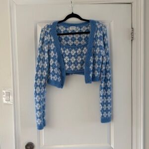 *2 Pieces* Sunday Best Cropped Blue and White Argyle Cardigan Set